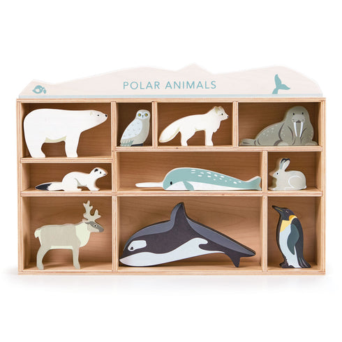 Wooden polar animals shelf set with penguin, polar bear, seal, walrus & iceberg blocks—Montessori-inspired décor & play.