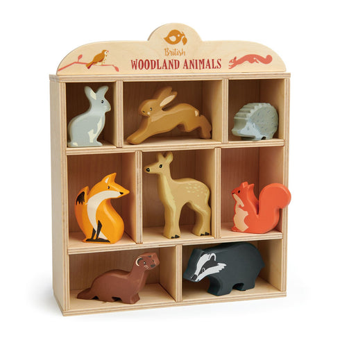 Set of 8 wooden woodland animal figures including hedgehog, fox, deer, owl, bunny, badger, squirrel & hedgehog for play & display.