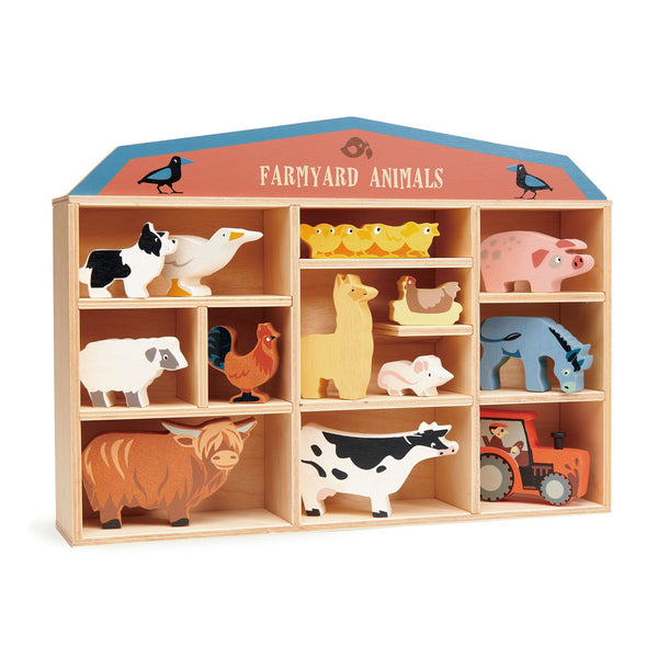 Wooden barn‑shaped shelf with 13 chunky farm animal figures and tractor, perfect for tidy, imaginative play.