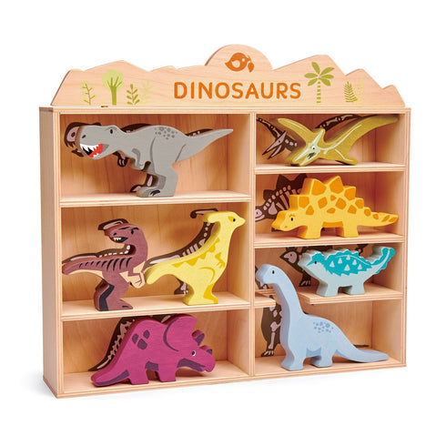 Wooden 8‑dinosaur shelf set for kids – colorful standing dinos for décor, play, and imaginative display on shelves or desks.