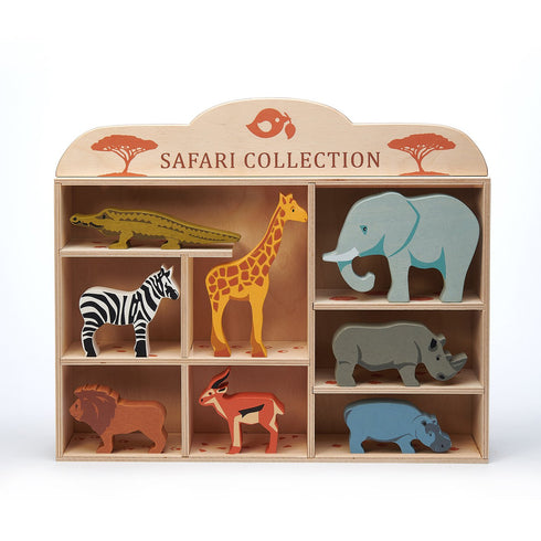 Wooden shelf with 8 hand‑carved safari animals—lion, giraffe, zebra, elephant, hippo, rhino, crocodile, antelope—for imaginative play.