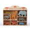 Wooden shelf with 8 hand‑carved safari animals—lion, giraffe, zebra, elephant, hippo, rhino, crocodile, antelope—for imaginative play.