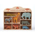 Wooden shelf with 8 hand‑carved safari animals—lion, giraffe, zebra, elephant, hippo, rhino, crocodile, antelope—for imaginative play.