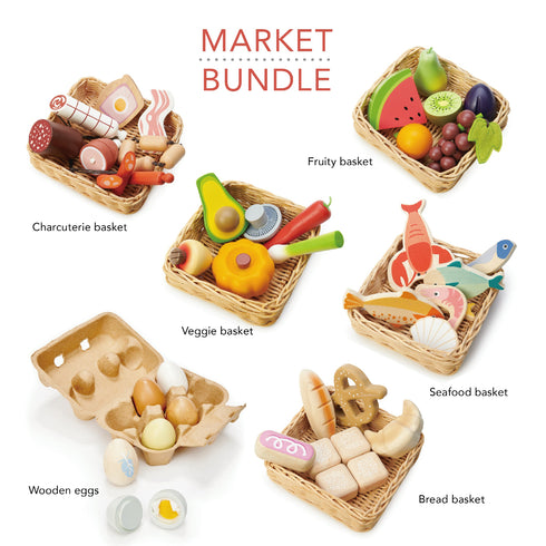 Wooden food basket bundle with 5 wicker baskets (fruit, veg, bread, seafood, charcuterie) and wooden egg set.