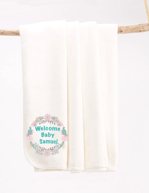 Personalized baby receiving blanket with "Welcome Baby" design, made from soft Prima Cotton