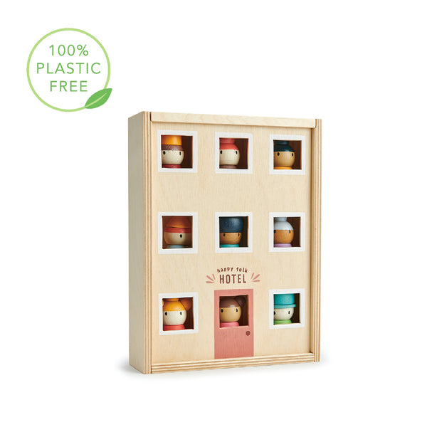 Happy Folk Hotel wooden toy set: 9 colorful solid‑wood figures perched on tray, eco‑stained, for creative open‑ended play