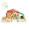 Wooden Tender Leaf Farm toy with barn, stables, pulley system, fences, animals and accessories — open‑ended pretend play for 3+.