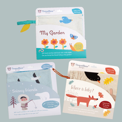 Baby activity book trio: My Garden • Where Is Baby? • Snowy Friends – sensory textures, bright illustrations, early learning.