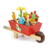 Tender Leaf wooden wheelbarrow playset includes watering can, trowel, bird-shaped secateurs, seed packets & flower pots.