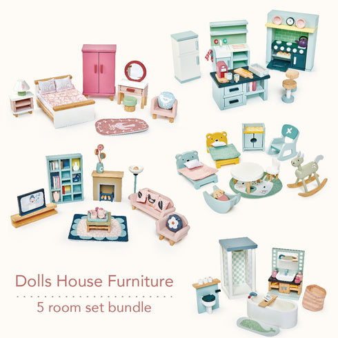5‑piece wooden dolls’ house furniture set by Tender Leaf: stylish bedroom, kitchen, bathroom, sitting area, kids’ bedroom.