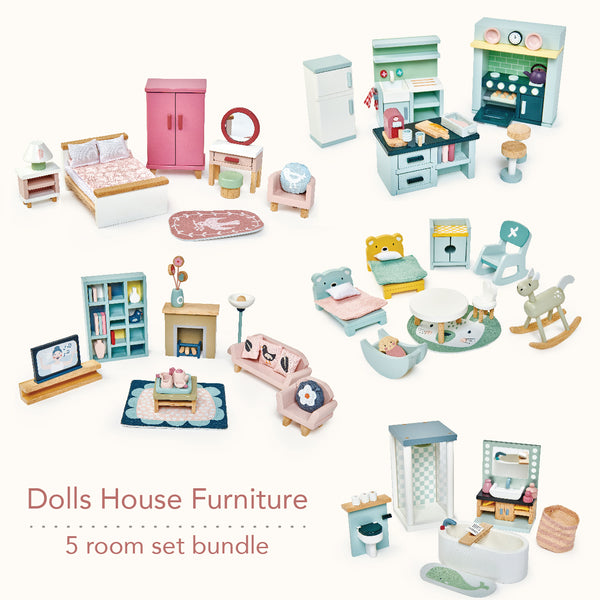5‑piece wooden dolls’ house furniture set by Tender Leaf: stylish bedroom, kitchen, bathroom, sitting area, kids’ bedroom.