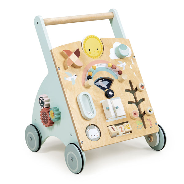 Bright Sunshine wooden push walker featuring shape blocks, counting beads, spinning gears and music panel for toddlers.