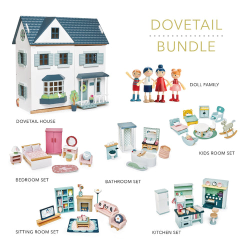 Wooden Dovetail dollhouse bundle with 5 rooms, family figures, furniture sets and decorations for creative kids’ play.