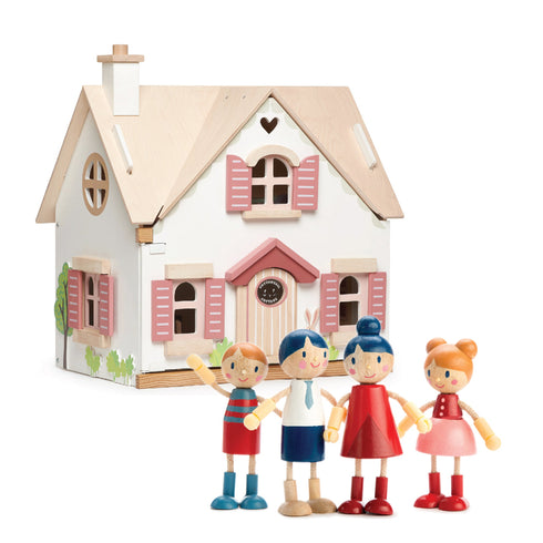 Handcrafted Cottontail Cottage doll family bundle: 3 wooden dolls, house, furniture & decor for imaginative role‑play