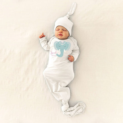 Boho-style newborn sleep gown with an elephant "Sweet Dreams" design, made from soft Prima Cotton