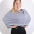 Woman wearing Mama Bamboo grey polka dot multi-use nursing cover, available at Calm Nest for stylish feeding privacy.