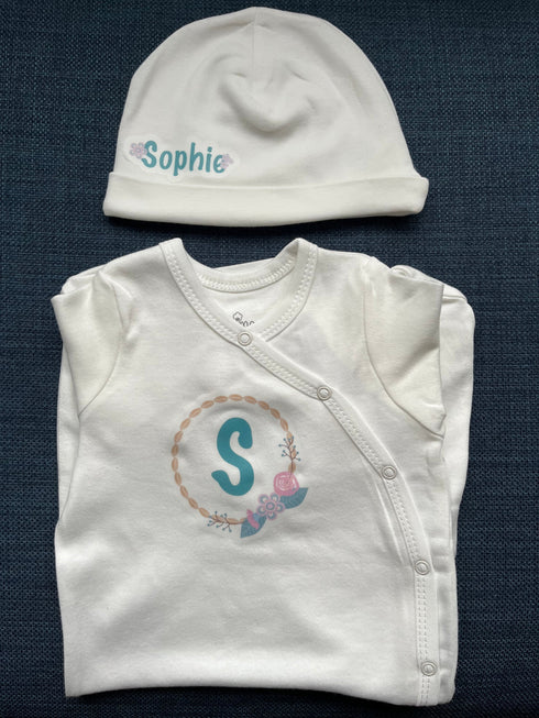 Personalized baby onesie and hat set with boho flower bouquet design, made from soft Prima Cotton