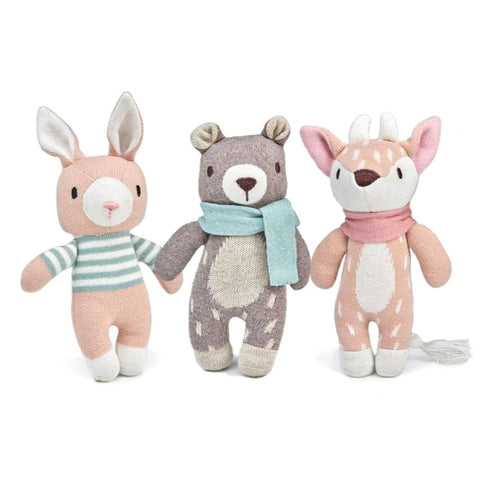 Knitted animal bundle gift box featuring a bear, deer, and hare—soft, eco-friendly toys perfect for newborn nursery decor.