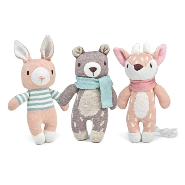 Knitted animal bundle gift box featuring a bear, deer, and hare—soft, eco-friendly toys perfect for newborn nursery decor.