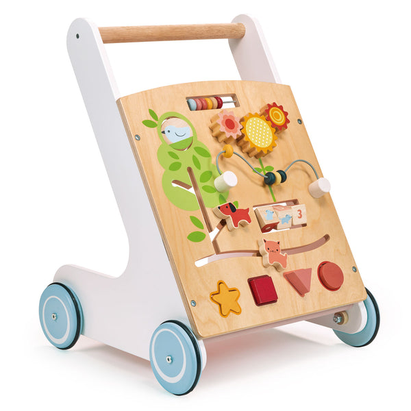 Wooden Mentari Bambino walker featuring beads, spinning cogs, shape sorter blocks, kitten & puppy figures, and storage tray.