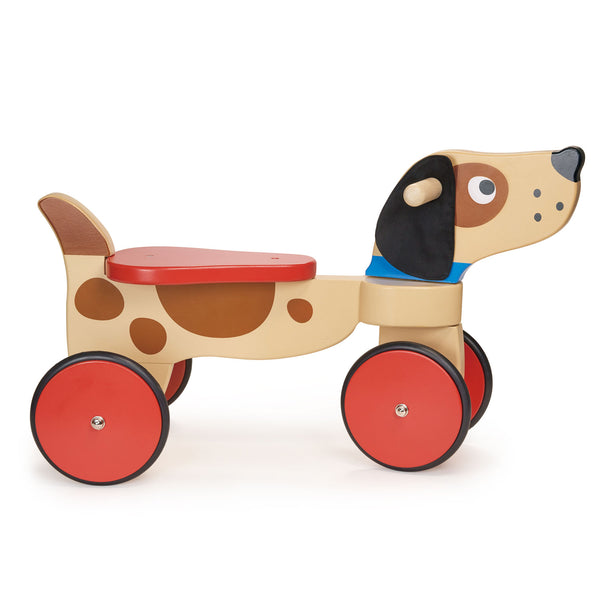 Mentari ride‑on puppy toy for toddlers, plush seat, wooden wheels, interactive push‑along ride‑on, supportive handle.