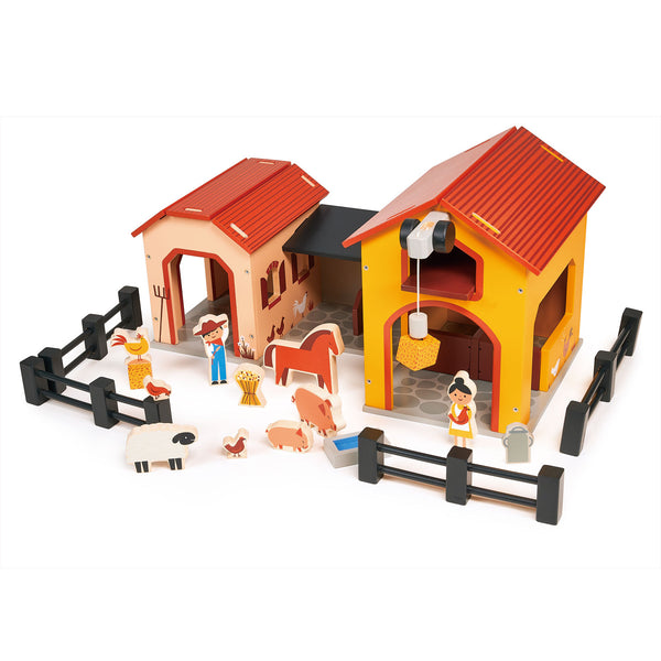 Eco-friendly Mentari Billy’s Barnyard toy: barn with pulley, stable, farmer couple, horse, sheep, pigs, chickens, haybales & grain.