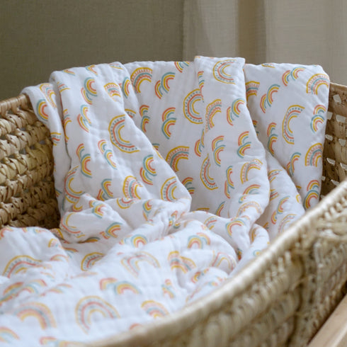 Soft, breathable 3‑ply cotton muslin baby blanket – gentle, snuggly fabric in subtle neutral tones, perfect for swaddling & comfort
