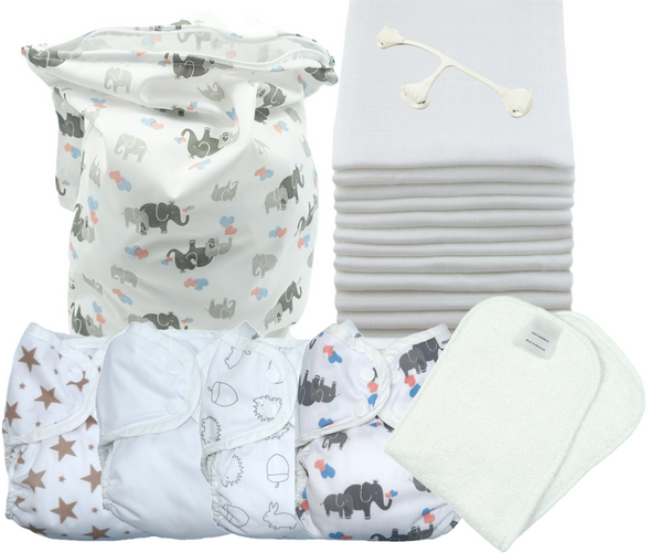 MuslinZ Newborn Reusable Nappy Kit – Eco-friendly washable cloth diapers bundle for full-time use, soft and absorbent.