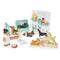 Wooden Waggy Tails dog salon set: groomer station, shampoo tub, hairdryer, brushes, trophies, and seven wooden dog breed figures.