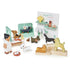 Wooden Waggy Tails dog salon set: groomer station, shampoo tub, hairdryer, brushes, trophies, and seven wooden dog breed figures.