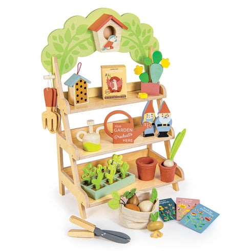 Pretend‑play Garden Centre: wooden stand with gardening tools, seed packets, pots, bird box, watering can & gnomes.