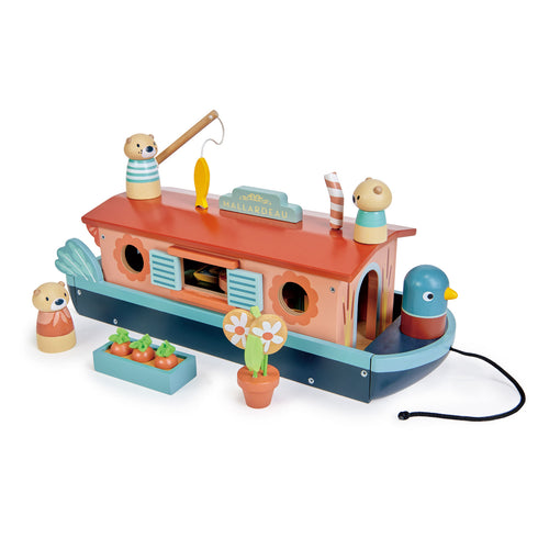 Little Otter wooden canal boat playset by Tender Leaf, with otter dolls, stove, jam jar table and nature-inspired accessories.