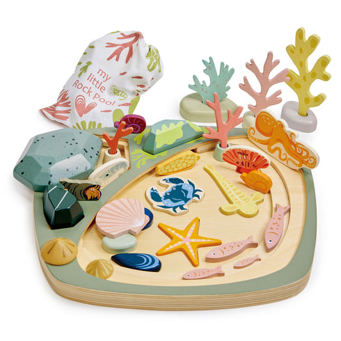 Wooden ‘My Little Rock Pool’ play tray with removable lid and nature-inspired loose parts for tactile sensory play