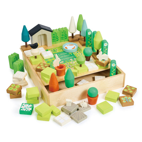 Little Garden Designer” with wooden trees, vegetables, hedges, shed pieces, pond and paths in storage box