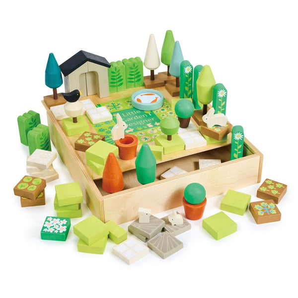 Little Garden Designer” with wooden trees, vegetables, hedges, shed pieces, pond and paths in storage box