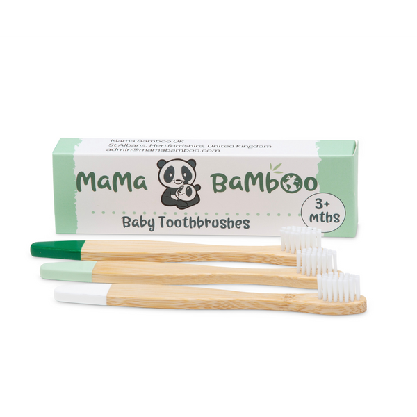 Set of 3 Mama Bamboo baby toothbrushes with soft bristles and eco-friendly bamboo handles
