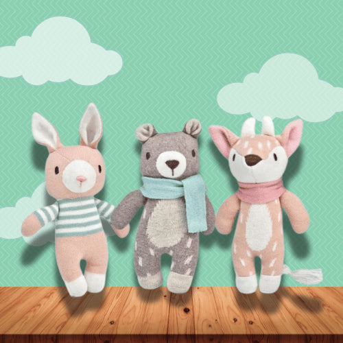 Cute bunny, bear, and deer stuffed toys in pastel colors, perfect for nursery décor or cuddly gifts for toddlers and babies.
