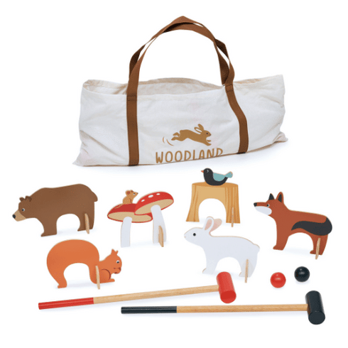 Wooden indoor croquet game featuring woodland animal designs, complete with mallets, balls and pastel coloured hoops.