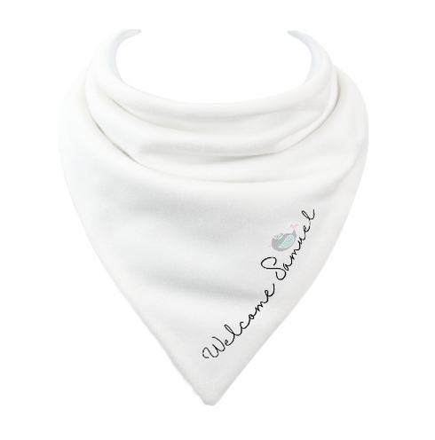 Personalized baby bib made from premium Prima Cotton with custom embroidered name