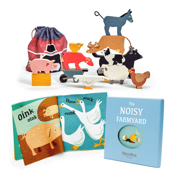 Wooden stacking farmyard play set with barn bag plus companion farm storybook, promoting balance skills and imaginative play.