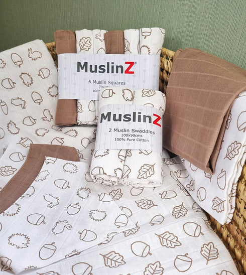 MuslinZ 3‑pack cotton muslin dribble bibs – ultra‑absorbent, lightweight, breathable, 2‑layer design, assorted soft prints, machine washable