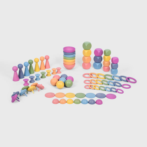 Wooden rainbow toy set with 84 colorful pieces for creative play, Montessori learning, and open-ended child development