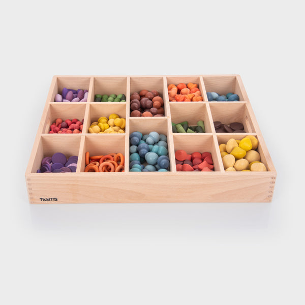 Wooden Treasures Super Set with 14-Way Sorting Tray – Montessori-inspired wooden toy for sorting, learning & sensory play.