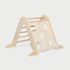 Natural wood Montessori-style climbing triangle for toddlers, foldable with smooth rounded rungs, 79 × 84 × 90 cm