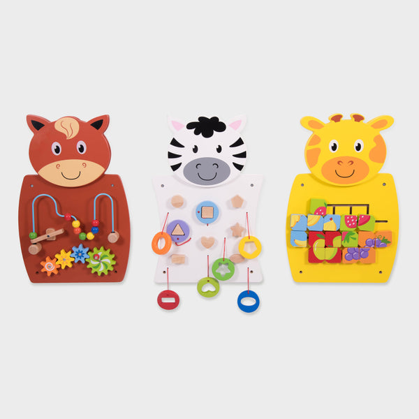 Set of 3 animal‑themed activity wall panels with wire beads, spinning gears & puzzle blocks for sensory and motor skill play.