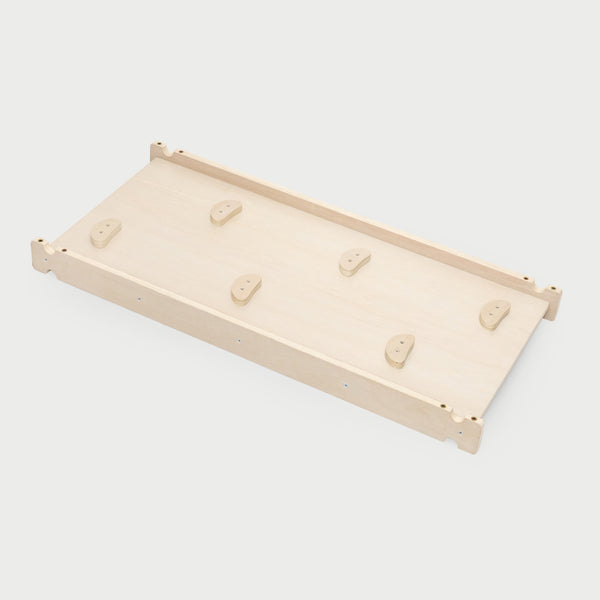 Natural wood freestanding climbing board with multiple colored holds, adjustable tilt for strength and balance training at home.