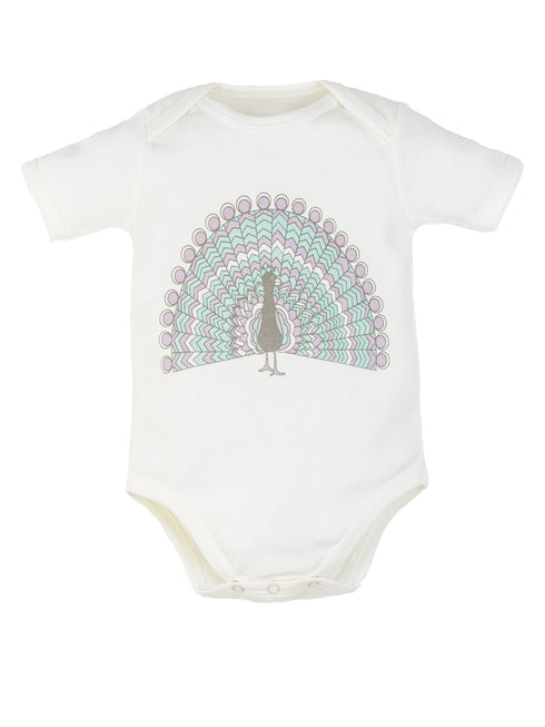 Peacock design short-sleeve bodysuit, made from soft Prima Cotton