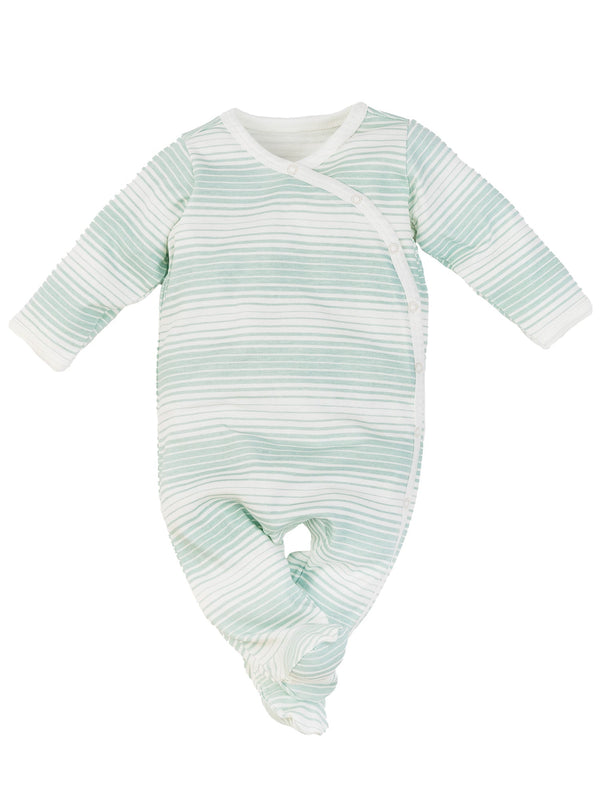 Sea Breeze striped baby footie with side snaps and built-in mitts, made from soft Prima Cotton