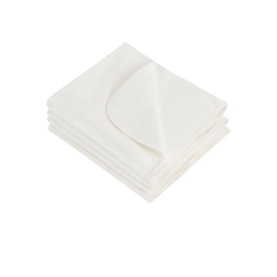 Pack of 4 white organic burp cloths made from soft Prima Cotton