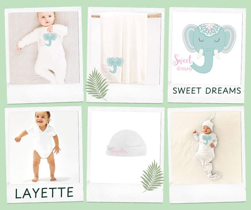 Boho elephant-themed newborn layette set with "Sweet Dreams" design, made from soft Prima Cotton